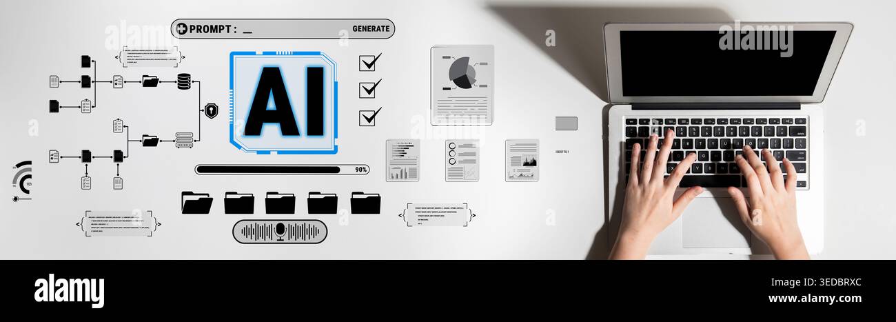 Innovative Technologiekonzepte mit Laptop- und KI-Grafik für Business- und Creative Projects Quark. Stockfoto
