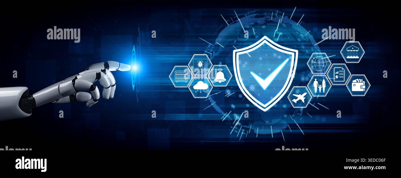 Futuristische Roboterhand, die mit digitalen Sicherheitssymbolen und Datenvisualisierung in Technology Concept Quark interagiert. Stockfoto