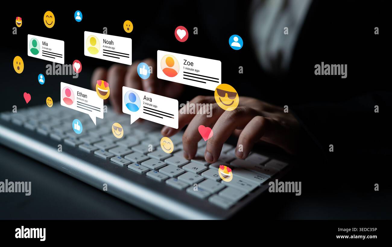 Nahaufnahme der Hände, die auf einer Tastatur tippen, mit verschiedenen Social-Media-Benachrichtigungen und lebhaften Emojis, die moderne digitale Kommunikation und veranschaulichen Stockfoto
