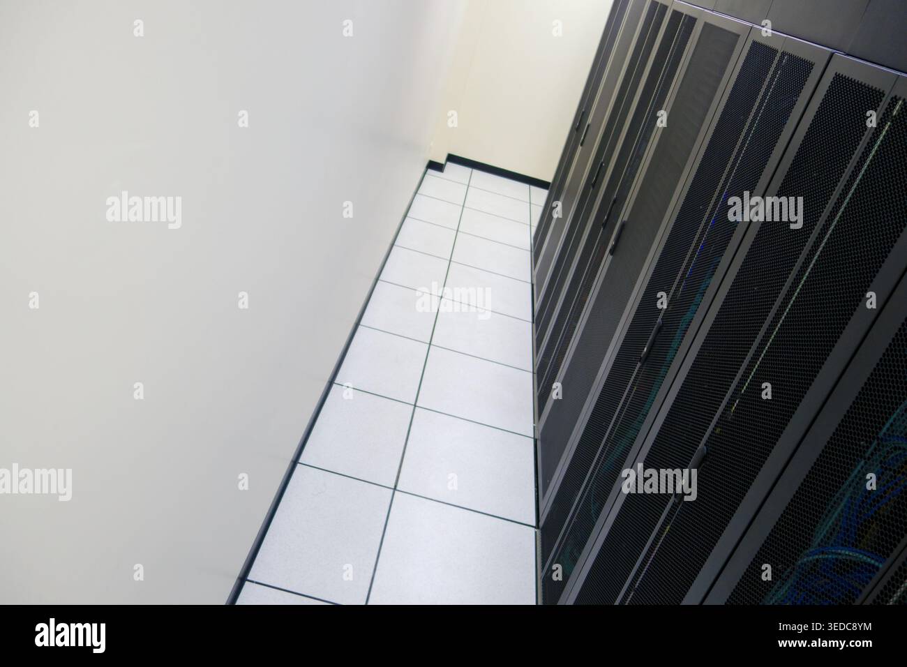 Eine detaillierte Ansicht eines Rechenzentrums mit übersichtlichen Serverschränken entlang eines sauberen Fliesenbodens. Die Technologieinfrastruktur zeigt Mo Stockfoto