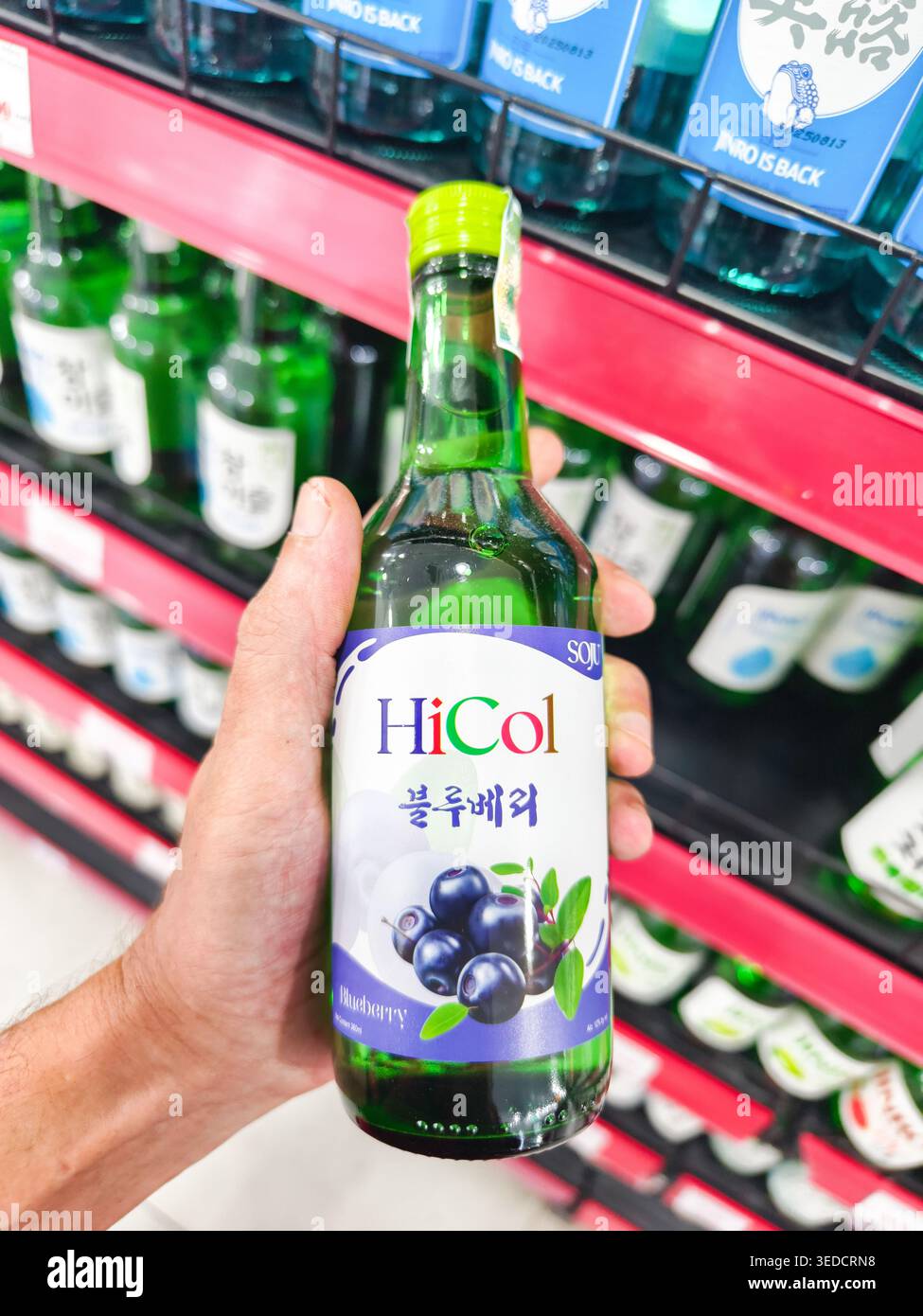 Hicol Marke Blueberry Soju, ein koreanischer Destillationsbrand mit Fruchtgeschmack, Supermarkt Stockfoto