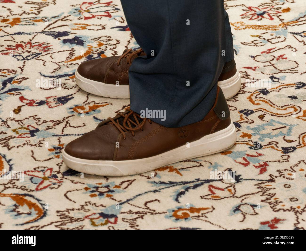 Braune Leder-Sneakers und elegante Hosen auf dekorativem Teppich während eines Empfangs im Innenbereich oder einer Firmenveranstaltung. Stockfoto
