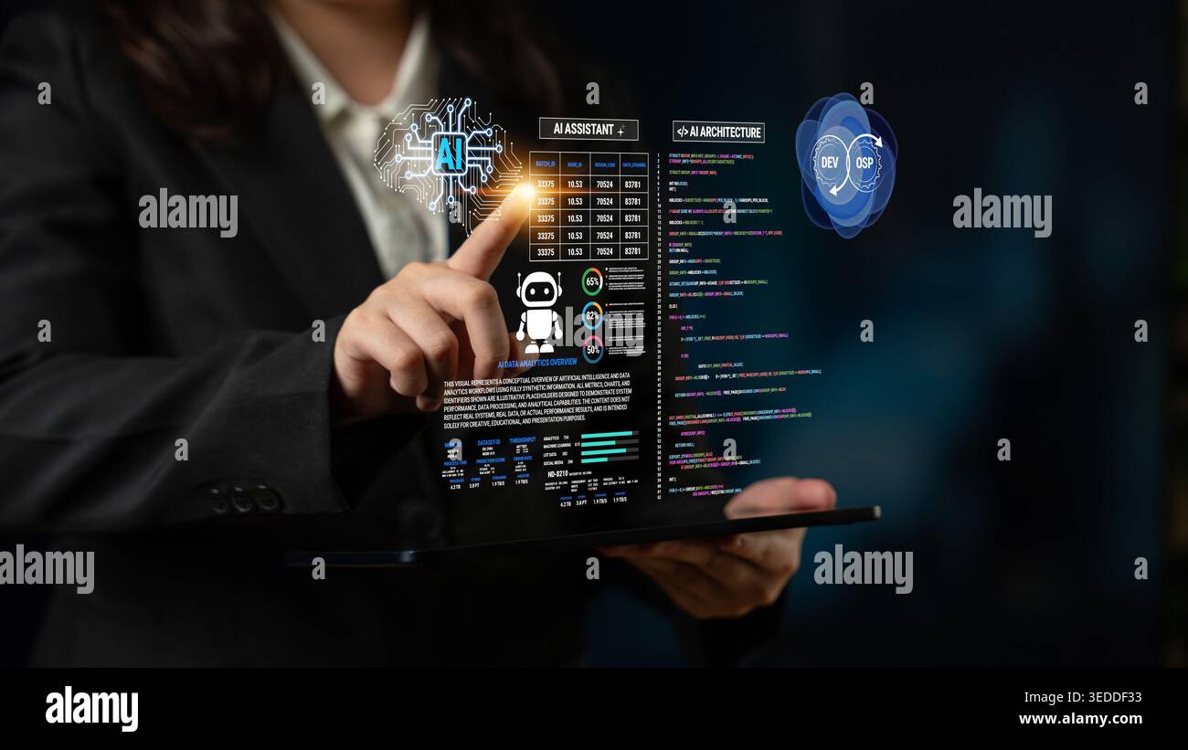 Business Professional interagiert mit futuristischer KI-Technologie auf einem Tablet-Gerät in einer modernen Büroumgebung mit Datenvisualisierungen Fluxor. Stockfoto