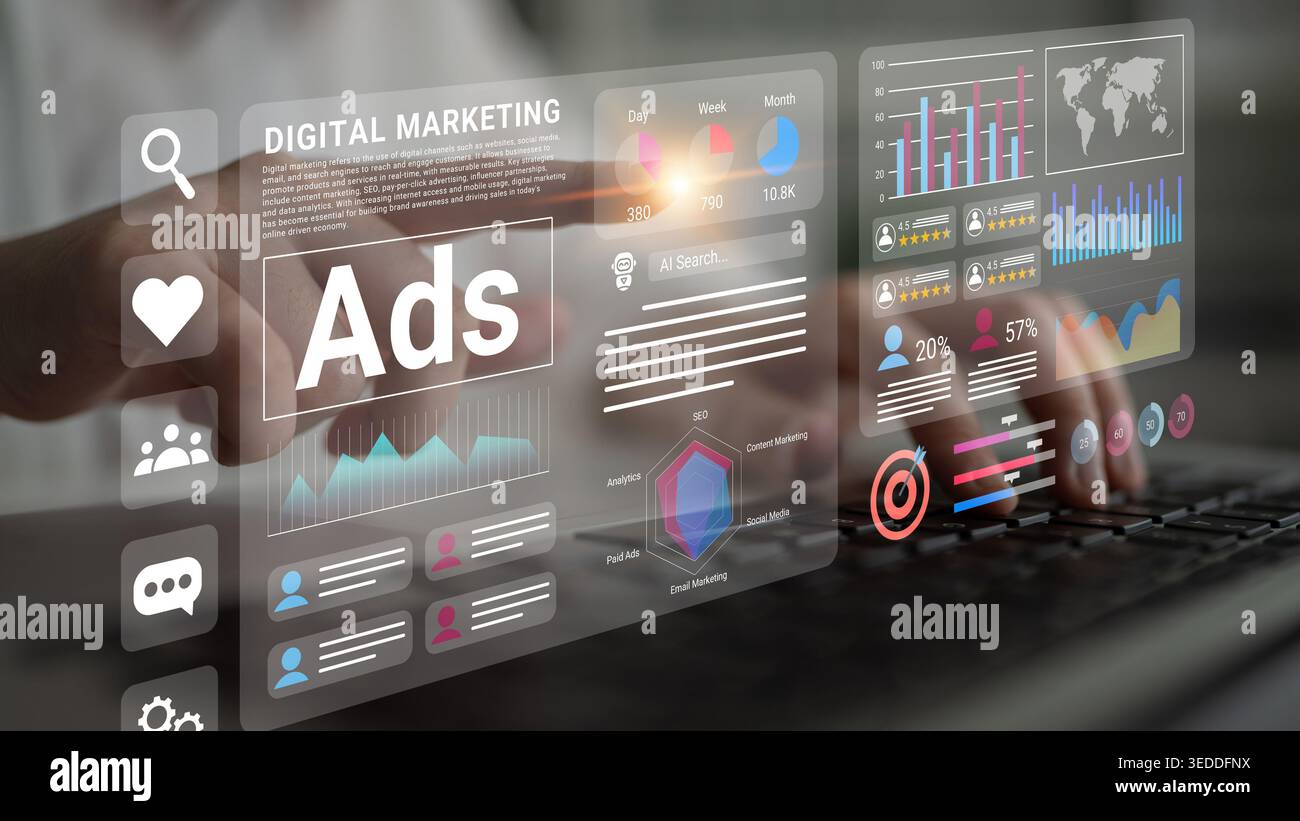 Ein moderner Arbeitsbereich mit digitalen Marketingkonzepten, Anzeigenstatistiken, Leistungskennzahlen und interaktiven Tools, die das Geschäft verbessern Stockfoto