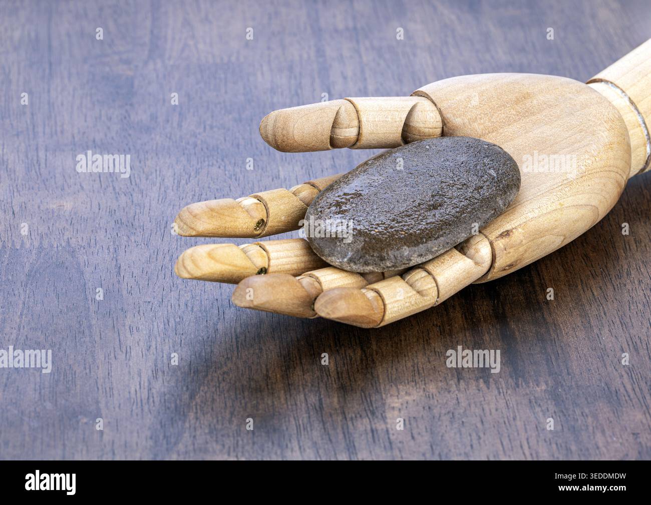 Eine bewegliche Holzpuppe wiegt einen nassen, glatten, ovalen Basaltstein, der üblicherweise zum Peeling und Massagen der Haut während heißer Steine verwendet wird Stockfoto