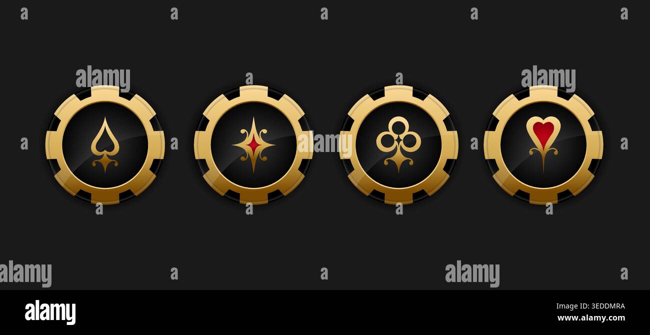 Goldenes Poker-Chips-Set. Premium-Casino-Chips mit eleganter Spielkarte passen zu Symbolen auf schwarzem Hintergrund. Vektorabbildung Stock Vektor