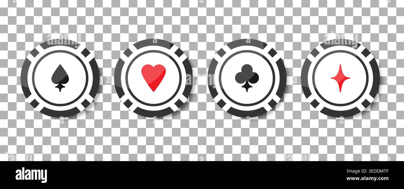 Casino-Chips mit Spielkarte passen zu Symbolen Herz, Pik, Diamanten und Clubs auf kariertem Hintergrund. Vektorabbildung Stock Vektor