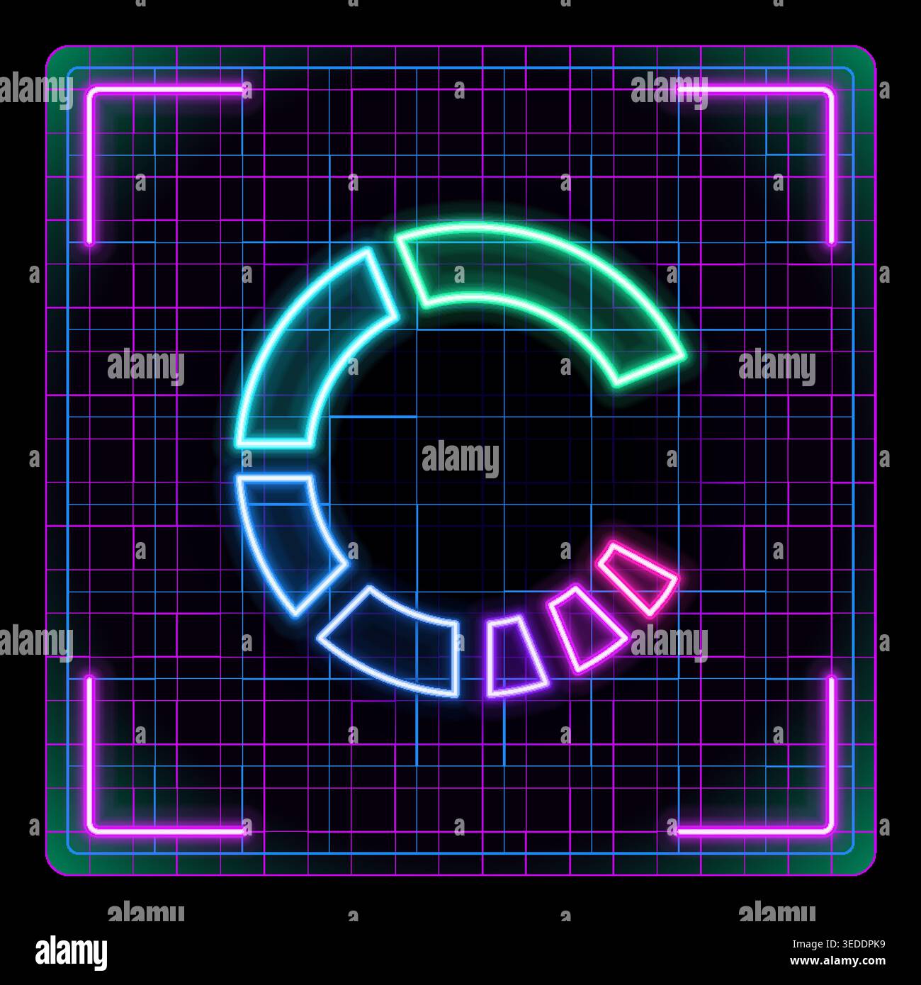 Neon-leuchtender Ladekreis auf digitalem Gitterhintergrund. Futuristisches Cyber-Design mit bearbeitbaren Strichen. Farbenfroher Animationsstil mit segmentiertem Bogen Stock Vektor