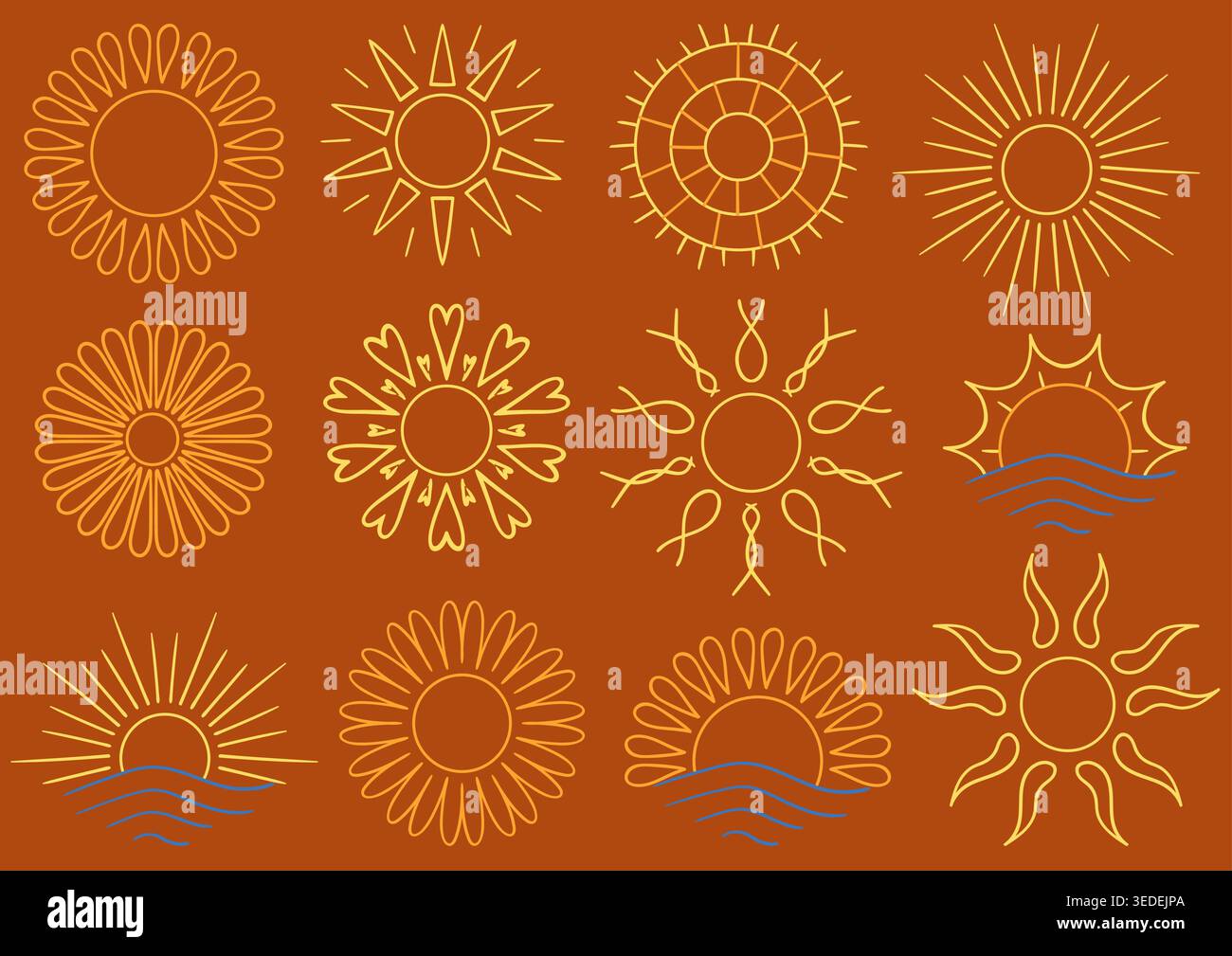 Eine Reihe von Symbolen der hellen Sonne. Farbige Umrisse handgezeichnet auf braunem Hintergrund. Perfekt für Wetter-Apps, Sommermotive, Logos und dekorative Grafiken Stock Vektor