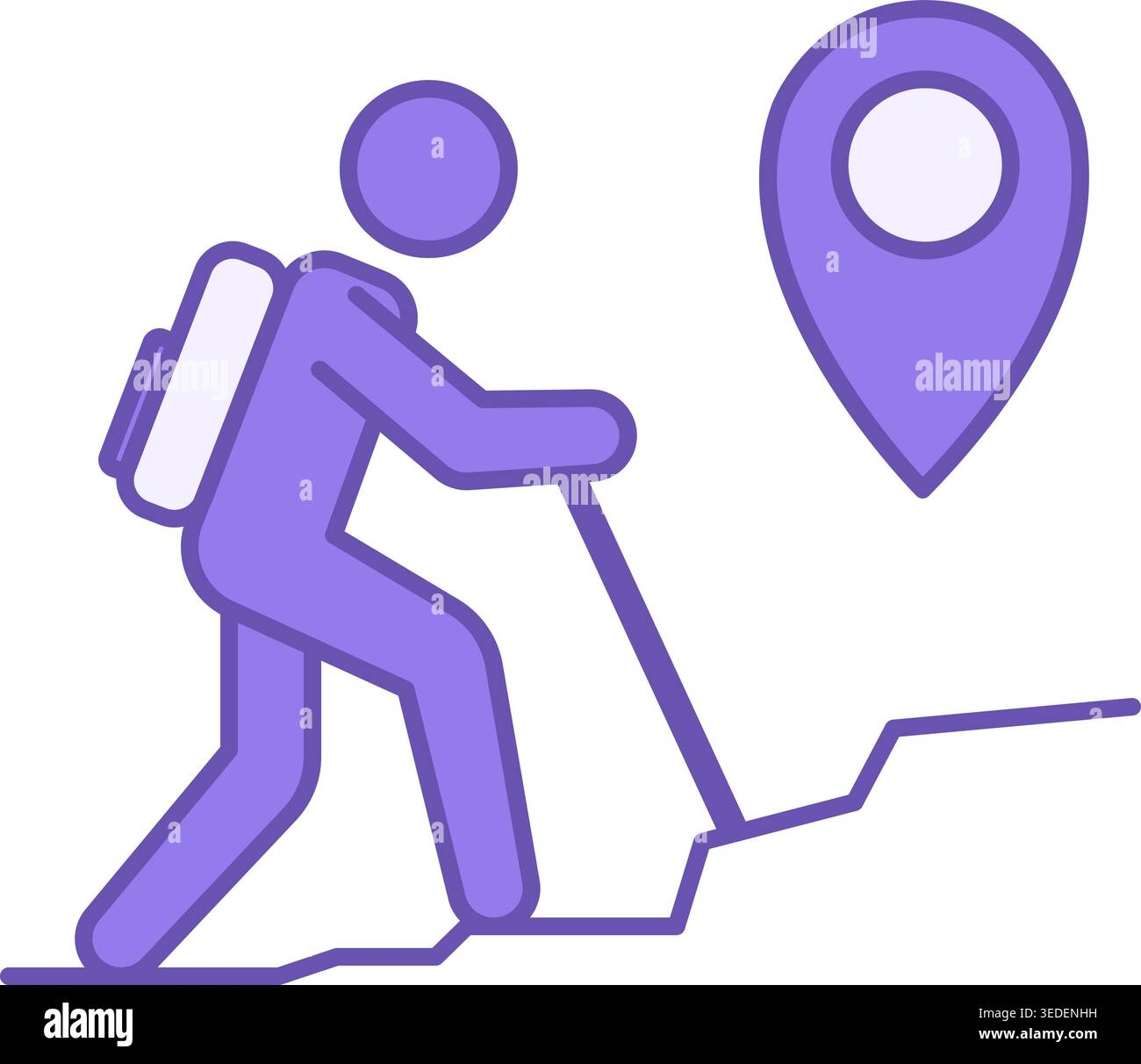 Farbiges Symbol Für Wanderungen. Vektorsymbol. Touristen mit Rucksack klettern auf den Gipfel des Berges. Standortschild. Camping- und Tourismuskonzept Stock Vektor