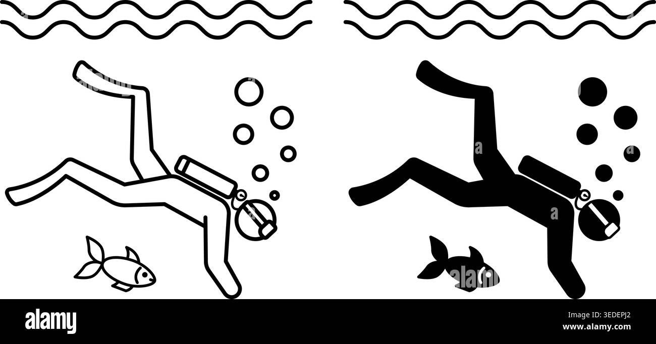 Symbole Zum Tauchen. Schwarzweiß-Vektorsymbole. Taucher Erkunden Die Meeresumwelt. Schwimmende Meeresfische. Schnorcheln. Abenteuer und Reise Concep Stock Vektor