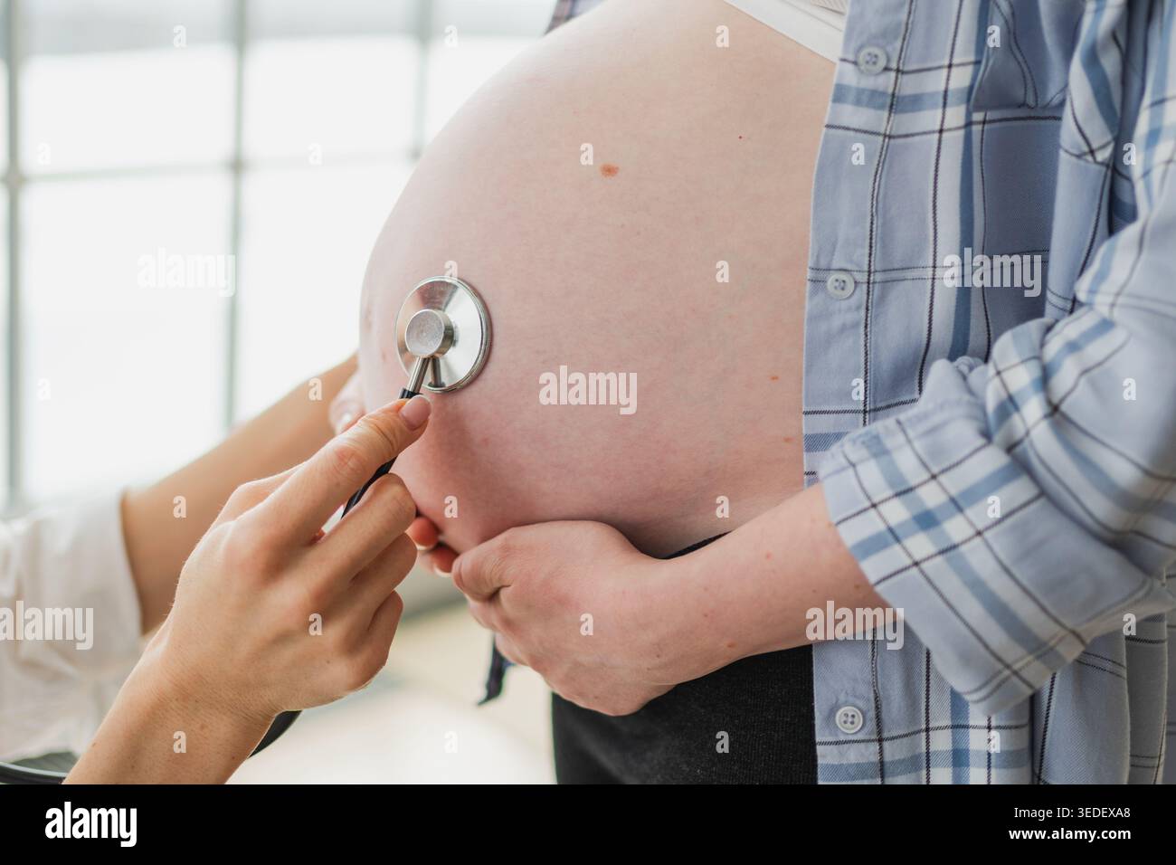 Arzt untersucht schwangere Frau, die ein Stethoskop in der Nähe des großen Bauches hält und den Herzschlag des Babys hört. Gynäkologischer Arzt, der Patientin über Schwangerschaft in der Krankenhauspraxis berät. Besuch bei ärztlicher Untersuchung Stockfoto