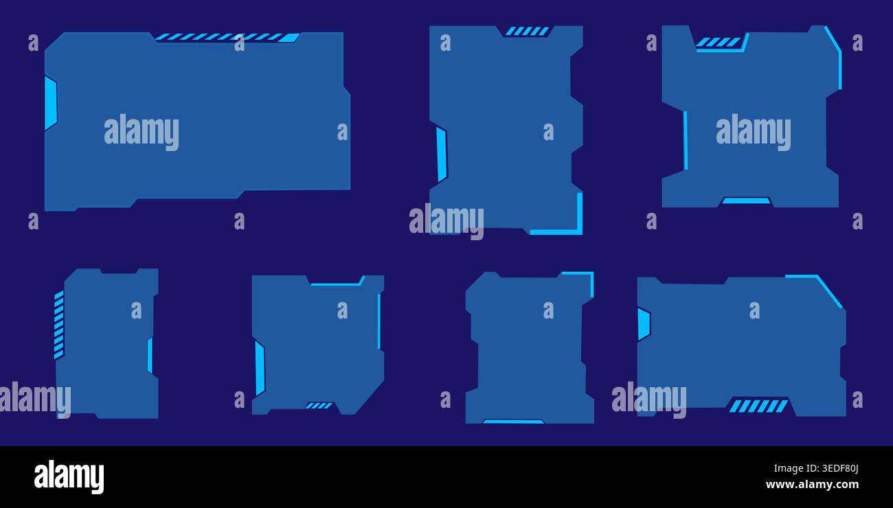 Schaltflächen für Informationsruffelder und moderne digitale Infoboxen. SCI Frame HUD. Futuristische Vektor-Bildschirme für GUI, UI-Design. Titel festlegen, virtuelle Reali Stock Vektor