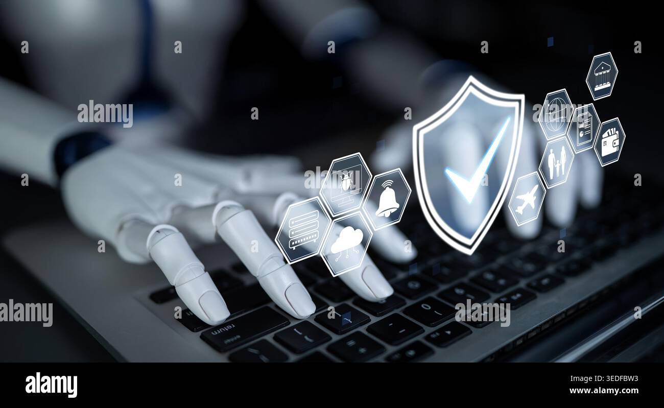Futuristische Roboter-Handtippen auf einem Laptop mit Cybersicherheitssymbolen, die in Digital Interface Design Quark angezeigt werden. Stockfoto