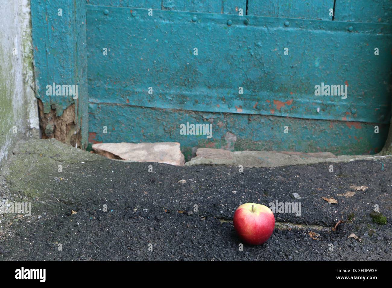 Ein roter Apfel sitzt allein auf einer dunklen Oberfläche in der Nähe einer blauen Tür. Die Tür zeigt Zeichen von Alter und Verschleiß und es gibt Steintreppen in der Nähe. Die Umgebung ist einfach und natürlich Stockfoto