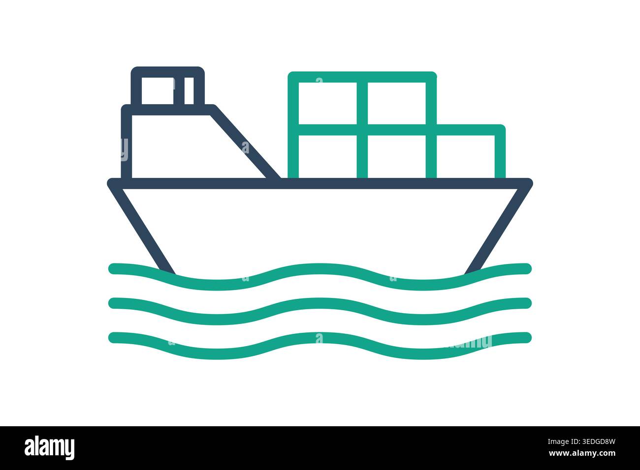Line Art Icon eines Frachtschiffes, das Container auf blaugrünen Wellen transportiert. Minimalistisches Vektordesign für Seeverkehr, Seefracht und Internat Stock Vektor