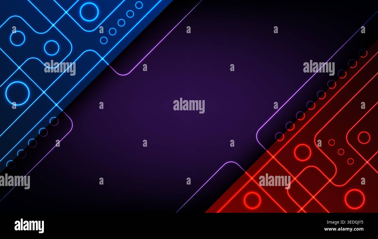 Futuristischer digitaler Hintergrund mit neonblauen und roten geometrischen Linien über einem dunklen violetten Farbverlauf, High-Tech-Platinenästhetik für moderne Technologie Stock Vektor