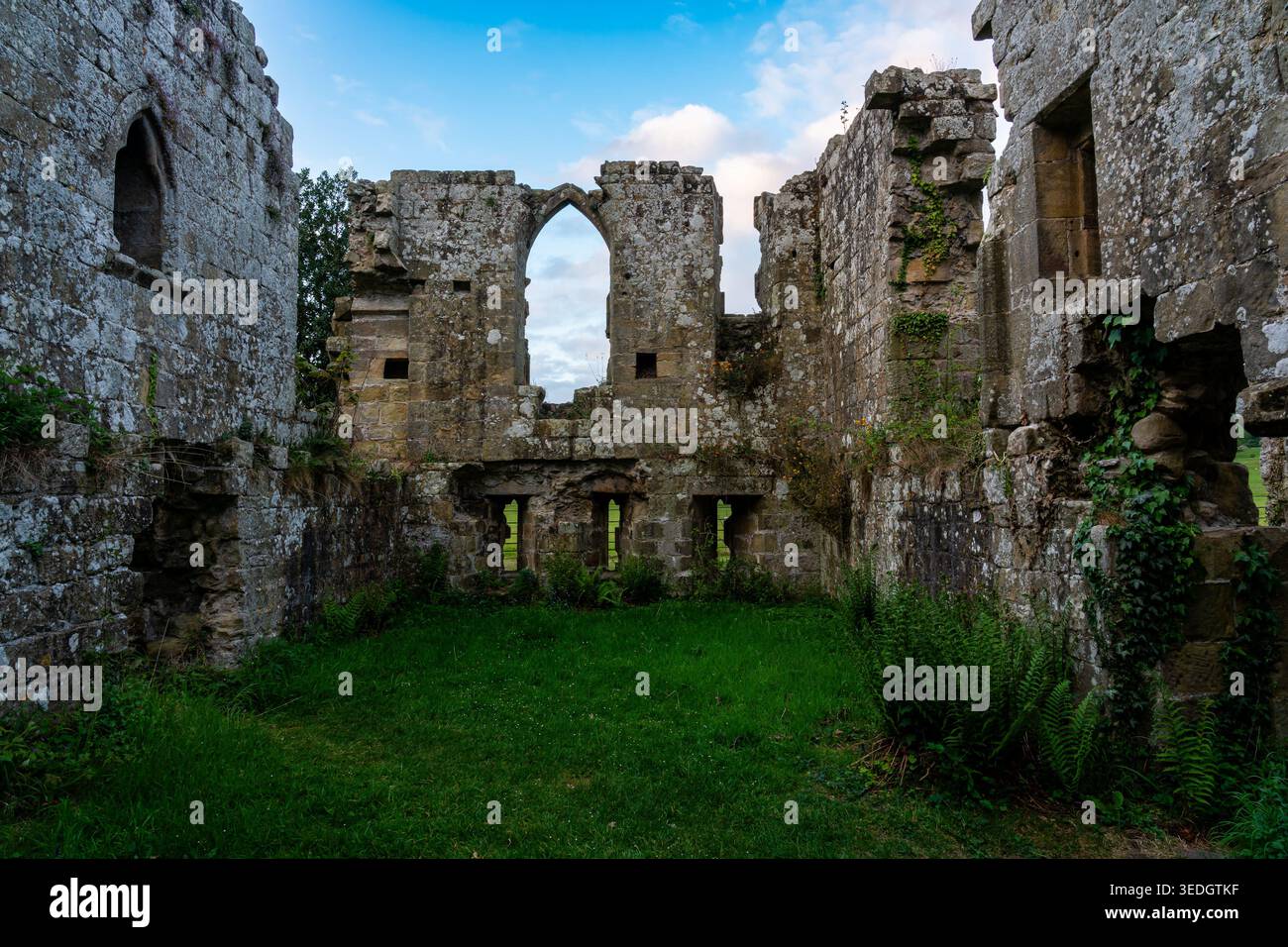 Das Innere der Abtei Jervaulx ohne Dach mit gotischen Bogenfenstern, efeubedeckten Wänden und einem zum Himmel hin offenen Grasboden Stockfoto