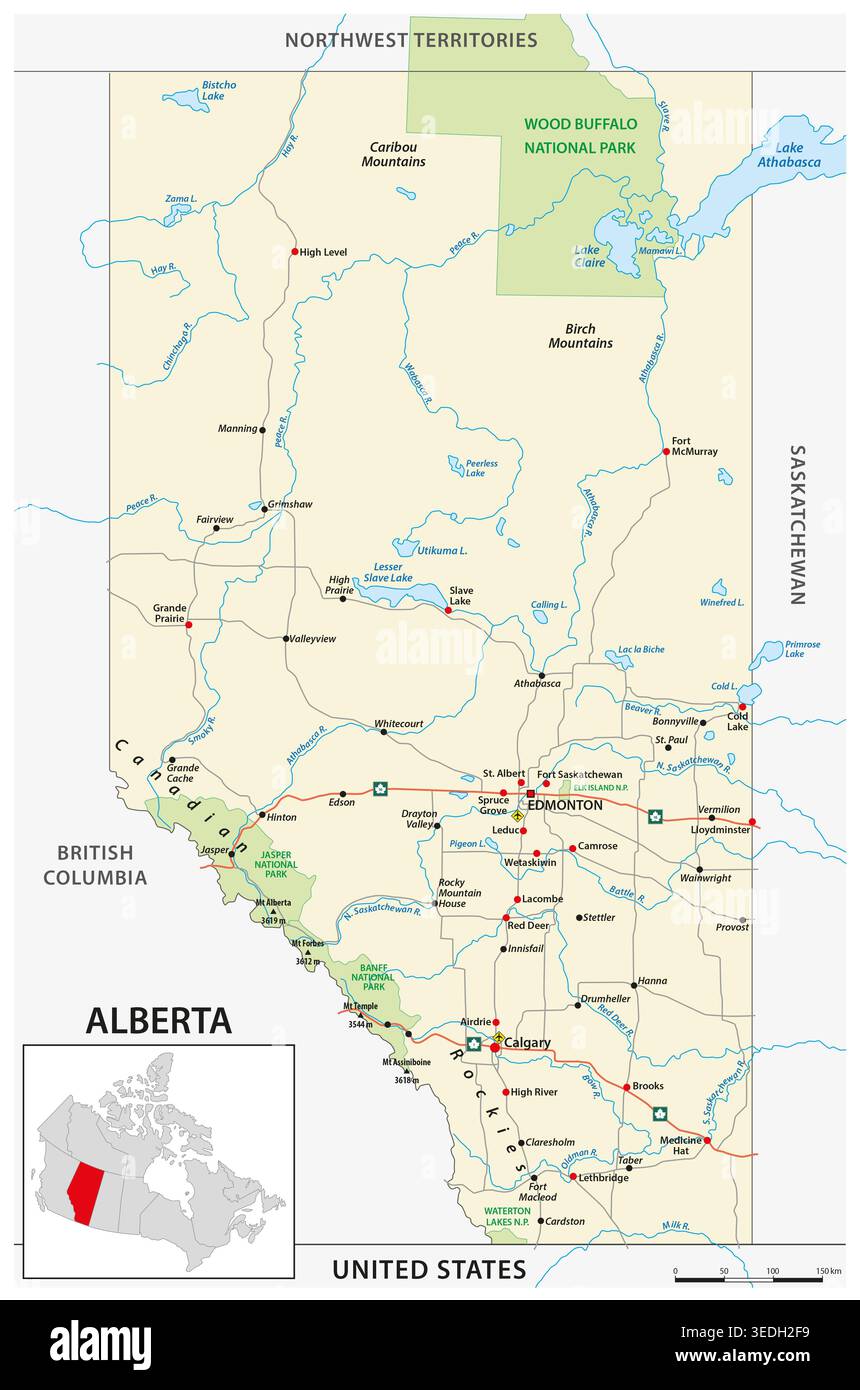 Straßenkarte der kanadischen Provinz Alberta Stockfoto
