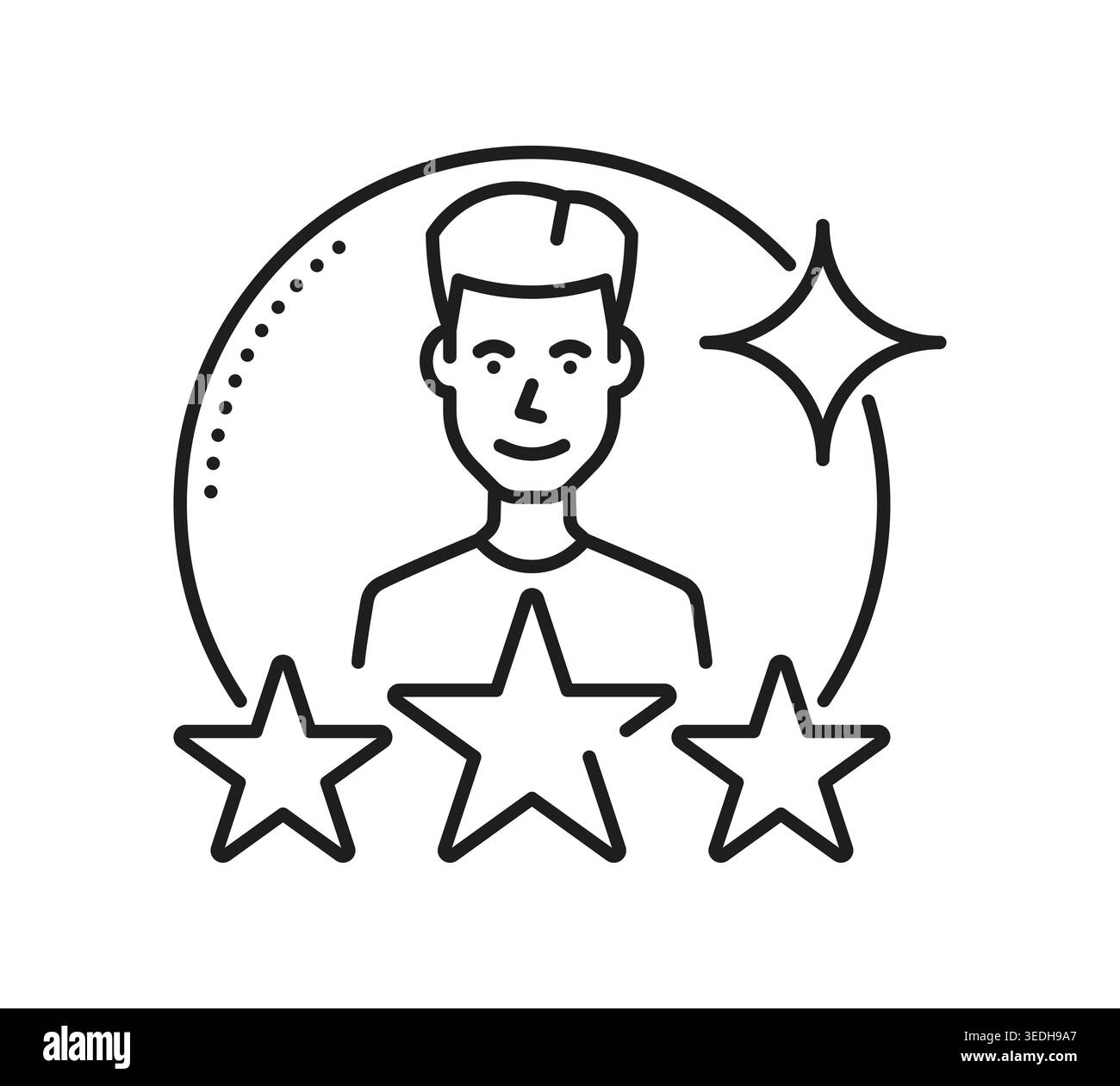 Symbol für Kunde, Kunde, Benutzerprofil mit drei Sternen. Vektorlinien-Piktogramm für Personen, die Feedback, Zufriedenheit und Meinung zum Service, Reputation des Mitarbeiters, Vertrauen, Premium-Vorteil anzeigen Stock Vektor
