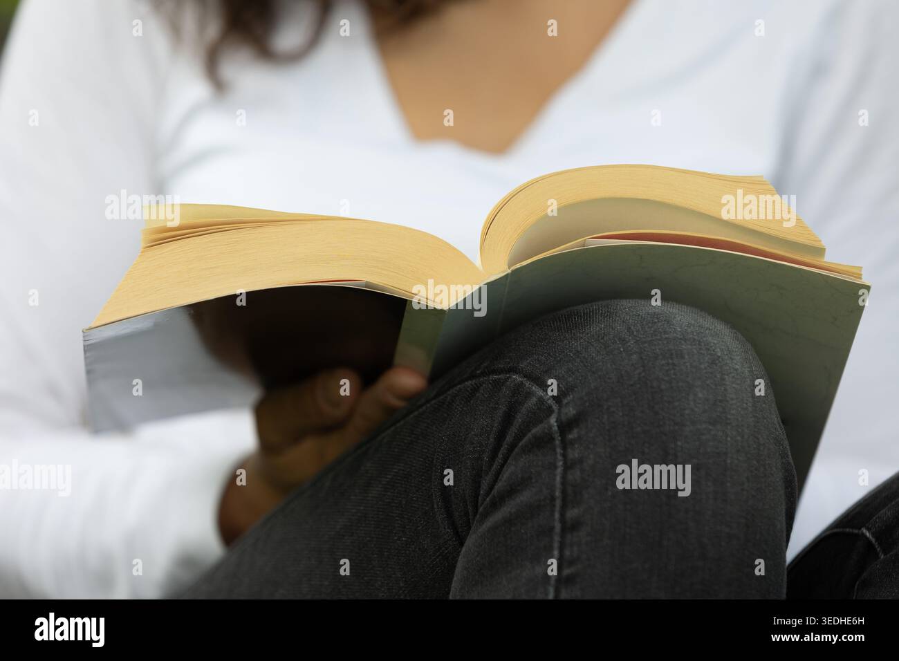 Frau, die zu Hause Buch liest, Entspannung und persönliches Zeitkonzept Stockfoto