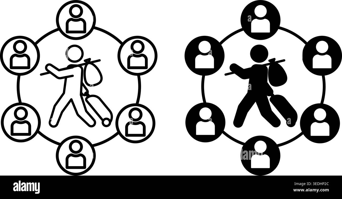 Symbole Für Community-Support. Schwarzweiß-Vektor-Illustrationen. Flüchtling mit Koffer und Leute in der Nähe. Unterstützung für Menschen in schwierigen Sitzen Stock Vektor