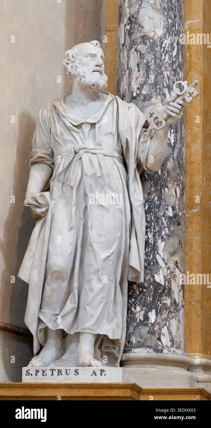 BERGAMO, ITALIEN – 21. MÄRZ 2026: Die Statue des Apostels St. Peter im Dom – Cattedrale di Sant’Alessandro von Andrea Fantoni oder seiner Schule Stockfoto