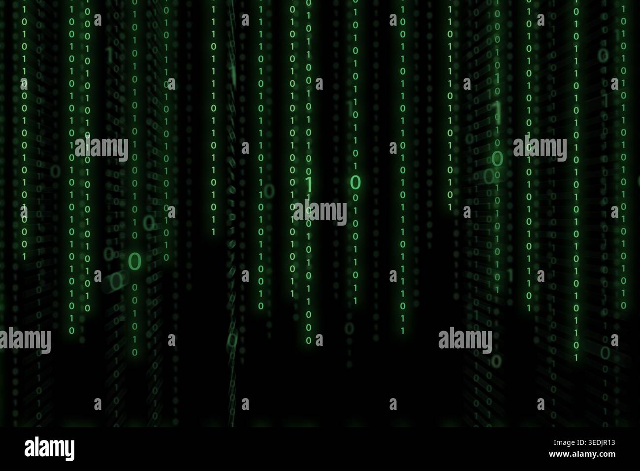 Dicht kaskadierende grüne Binärziffern (0s und 1s), die in vertikalen Spalten auf reinem schwarzen Hintergrund fallen, klassischer Matrixeffekt, fotorealistisch Stockfoto