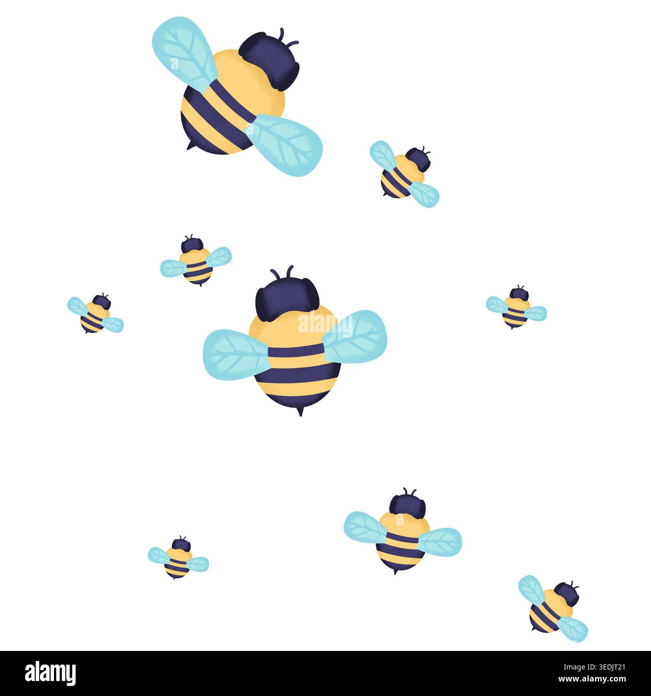 Mehrere niedliche Karikaturbienen fliegen zusammen und schaffen ein fröhliches Muster auf einem sauberen weißen Hintergrund. Süßes und skurriles Design Stockfoto