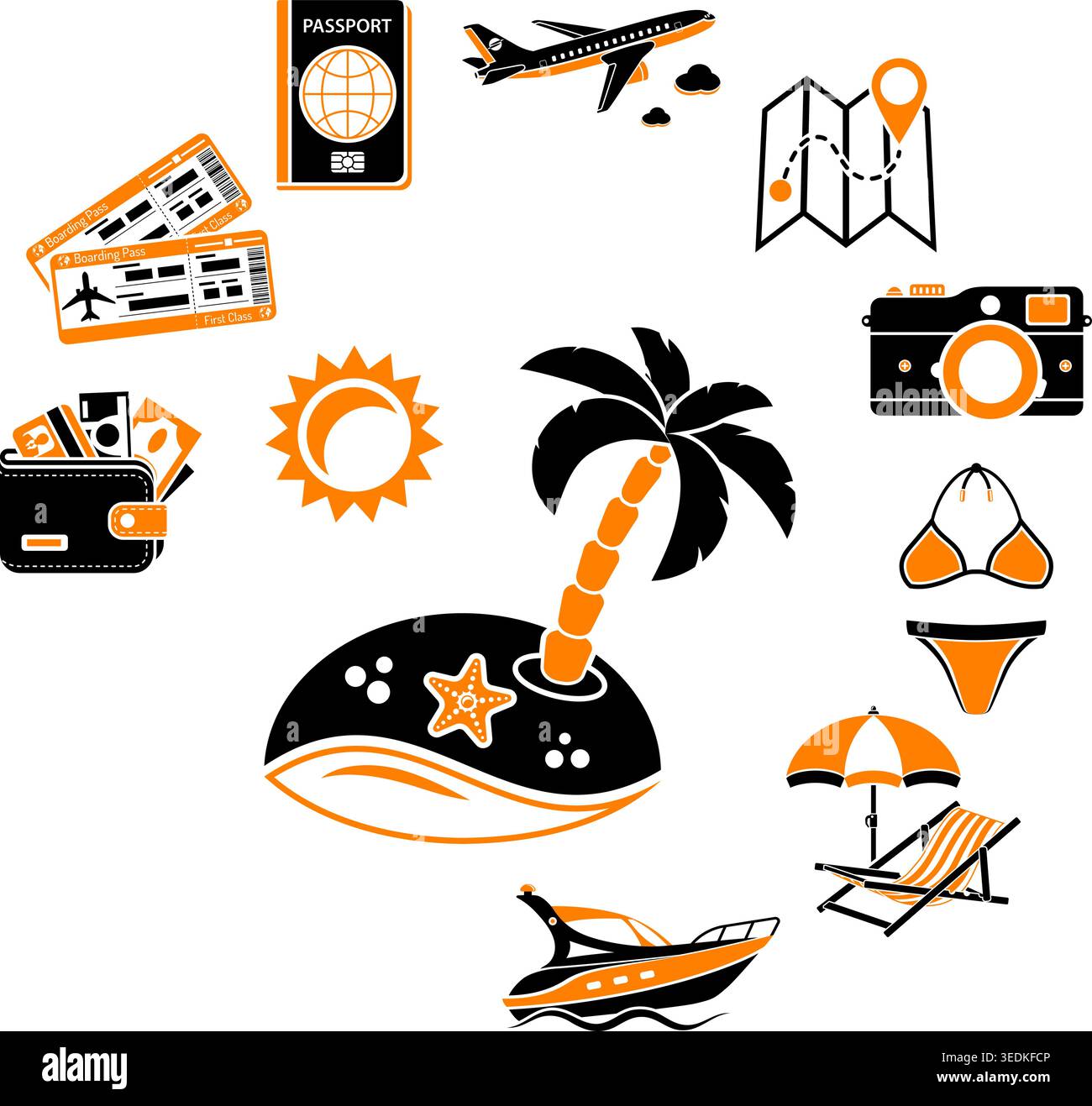 Urlaubs- und Tourismuskonzept mit Flat Icons Gepäckkoffer in der Hand zwei farbige Symbole Pass, Geld, Karte, Ticket, Flugzeug. Isolierte Vektorillus Stock Vektor
