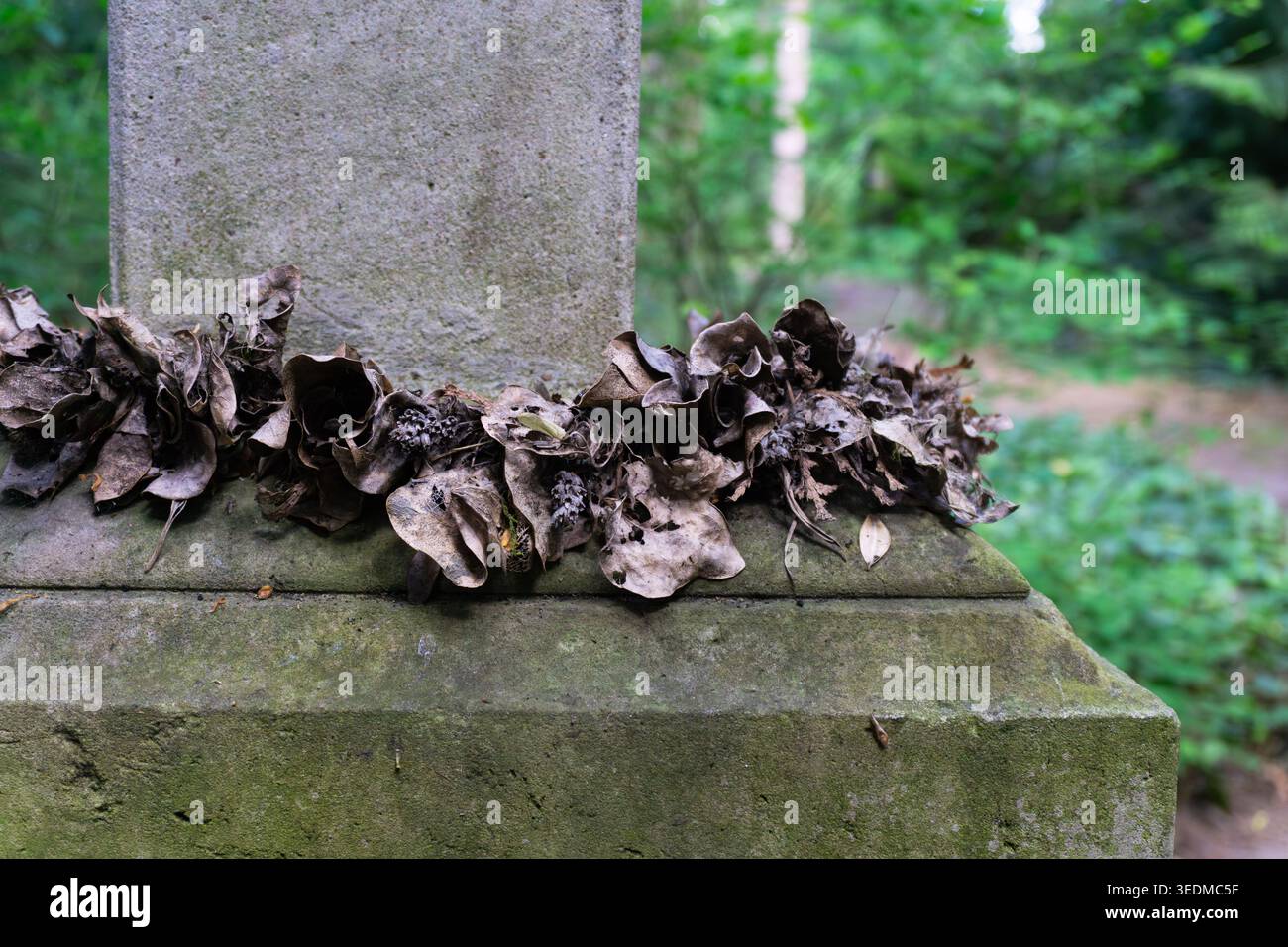 Trauerkranz auf einem Grabstein auf dem historischen Friedhof Stockfoto