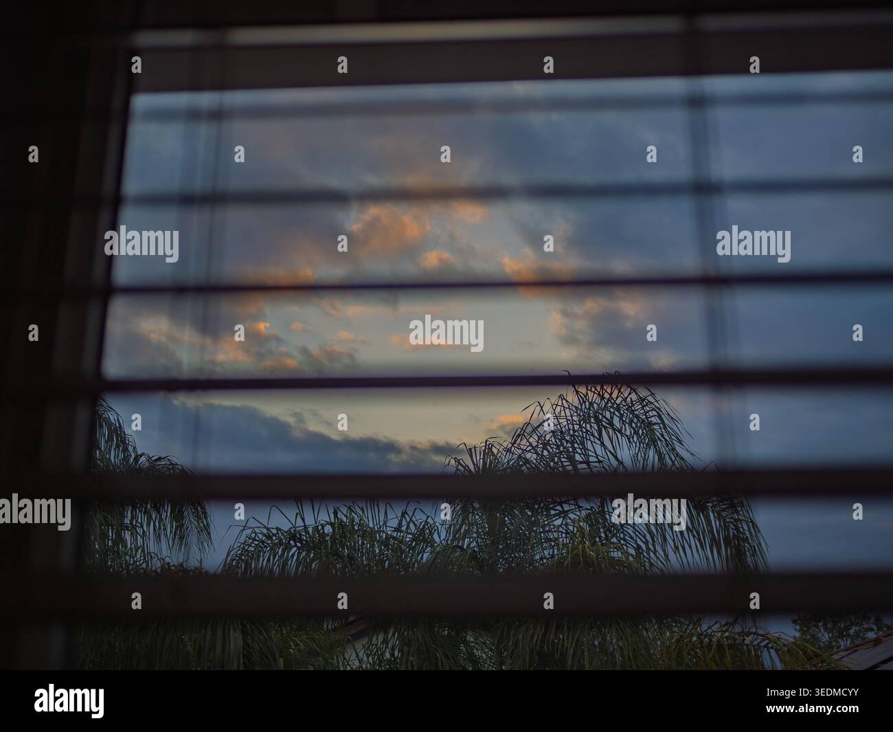 Sonnenuntergang beleuchtet eine Pause in den Abendwolken, die durch Fensterjalousien gesehen werden Stockfoto