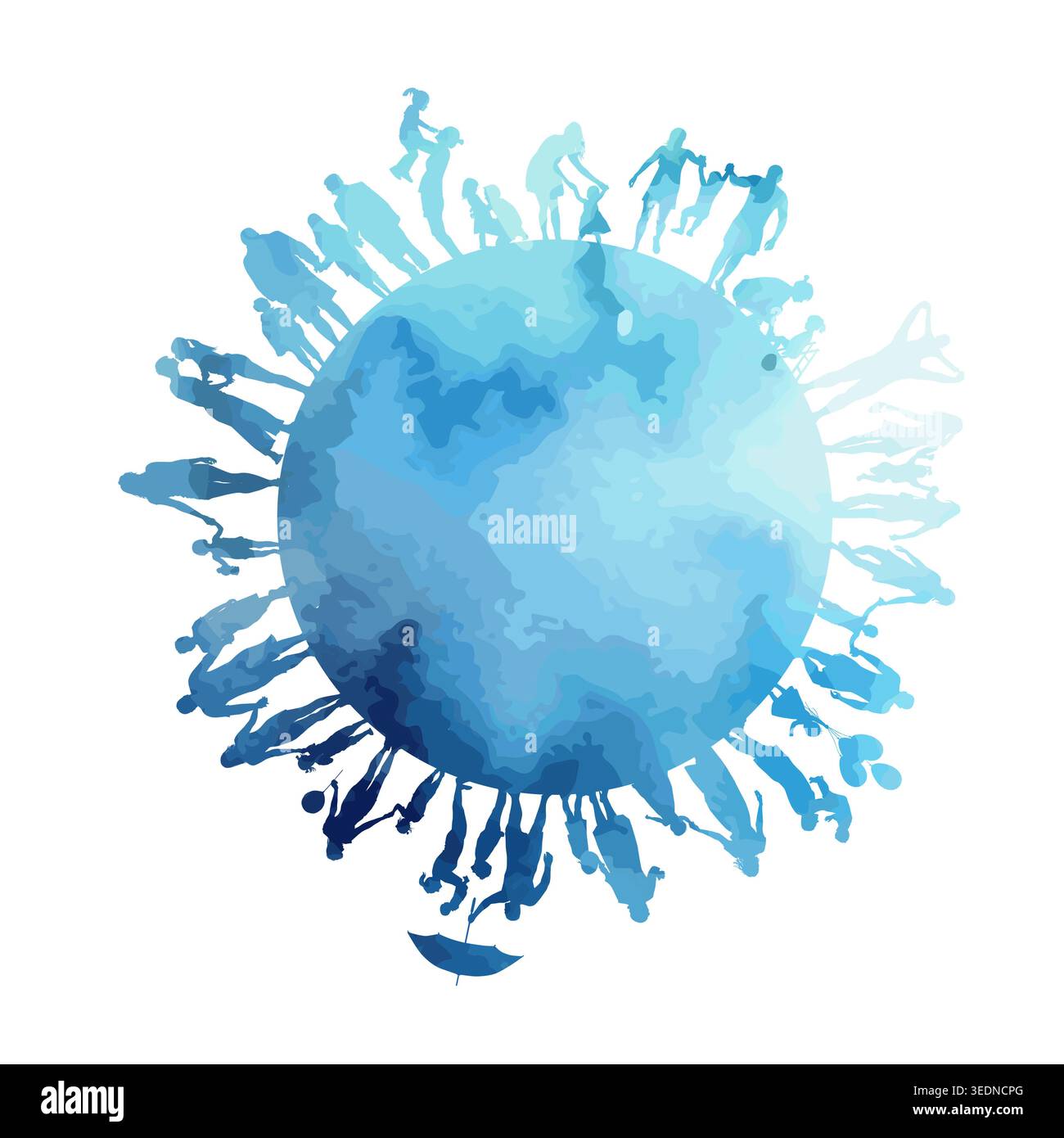 Abstrakte blaue Welt und glückliche Menschen. Silhouetten von Menschen auf der ganzen Welt. Handgezeichnet. Nicht AI, Vektorillustration Stock Vektor