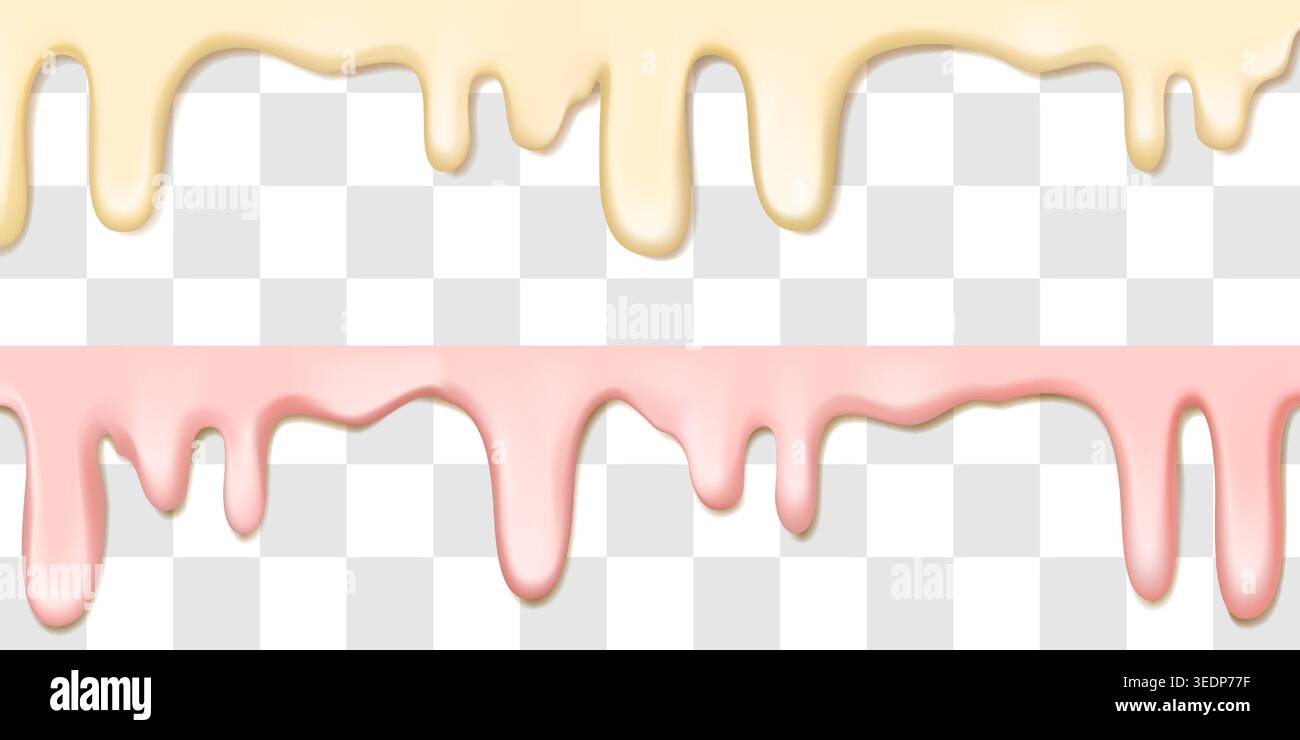 Cremige Soße, schmilzt mit rosafarbenen Tropfen. Flüssige 3D-Textur, weißer Schleim. Realistische Vanillemilch- und Joghurtspritzer. Vektortropfen Sirup, Pastellfarbe Stock Vektor