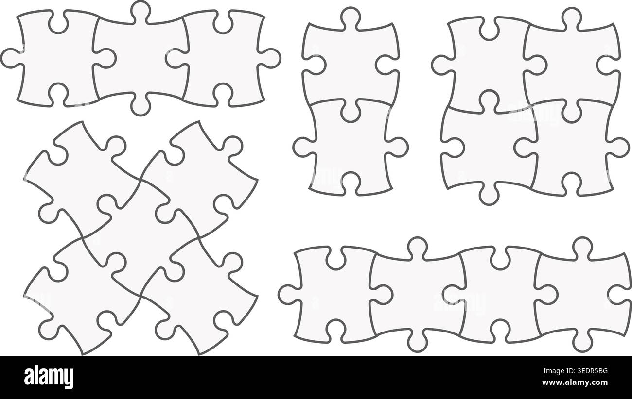 Puzzleteile-Vorlage mit leeren Rahmen für Infografik-Design. Vektorillustration von ineinander greifenden Spielteilen auf weißem Hintergrund. Modern Stock Vektor