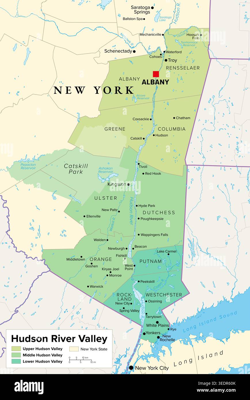 Hudson River Valley, US-Bundesstaat New York, politische Karte, die sich vom Capital District einschließlich Albany südlich bis Yonkers im Westchester County erstreckt. Stockfoto