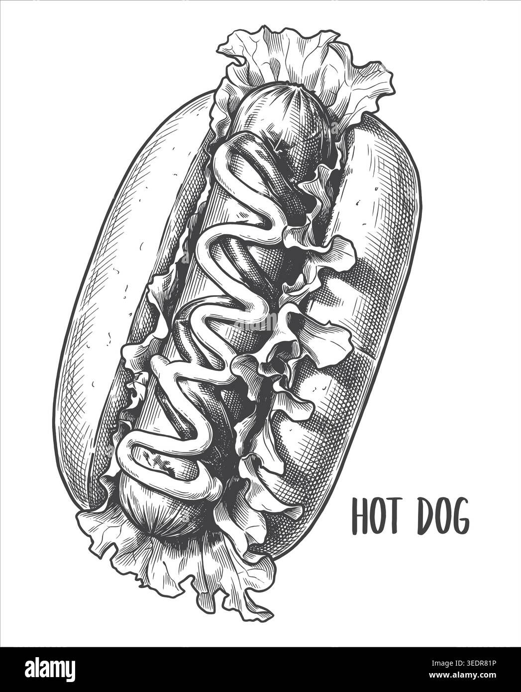 Ein fein detaillierter klassischer Kunstvektor eines klassischen Hot Dogs mit Senf. Ausgezeichnet für Street-Food-Logos, Diner-Menüs und kommerzielle Lebensmittel-Etiketten Stock Vektor