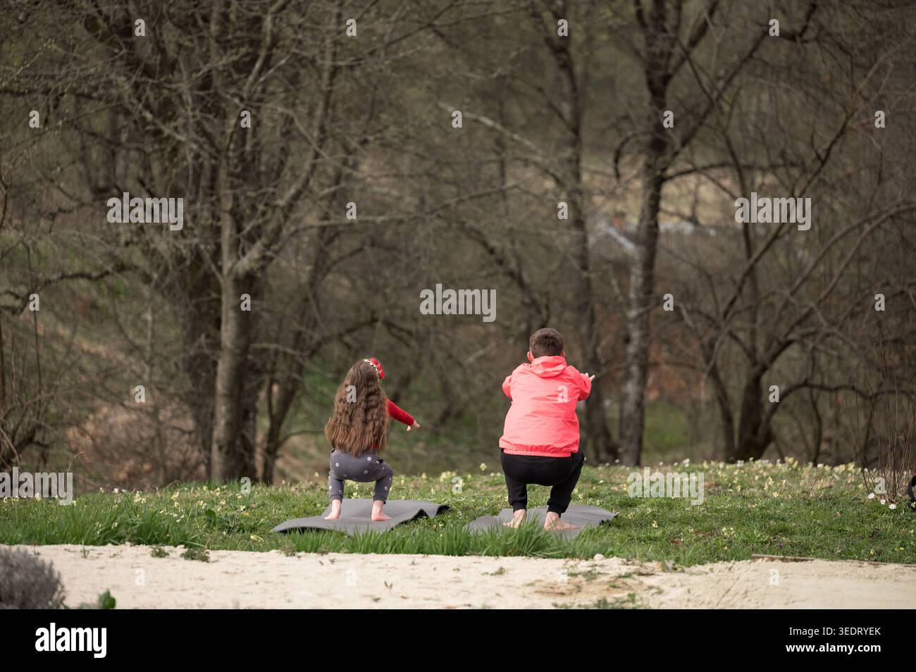 Yoga inmitten der Schönheit der Natur fördert ein tiefes Gefühl der Verbindung und des Wohlbefindens zwischen Kindern und Erwachsenen auf einem friedlichen und Stockfoto