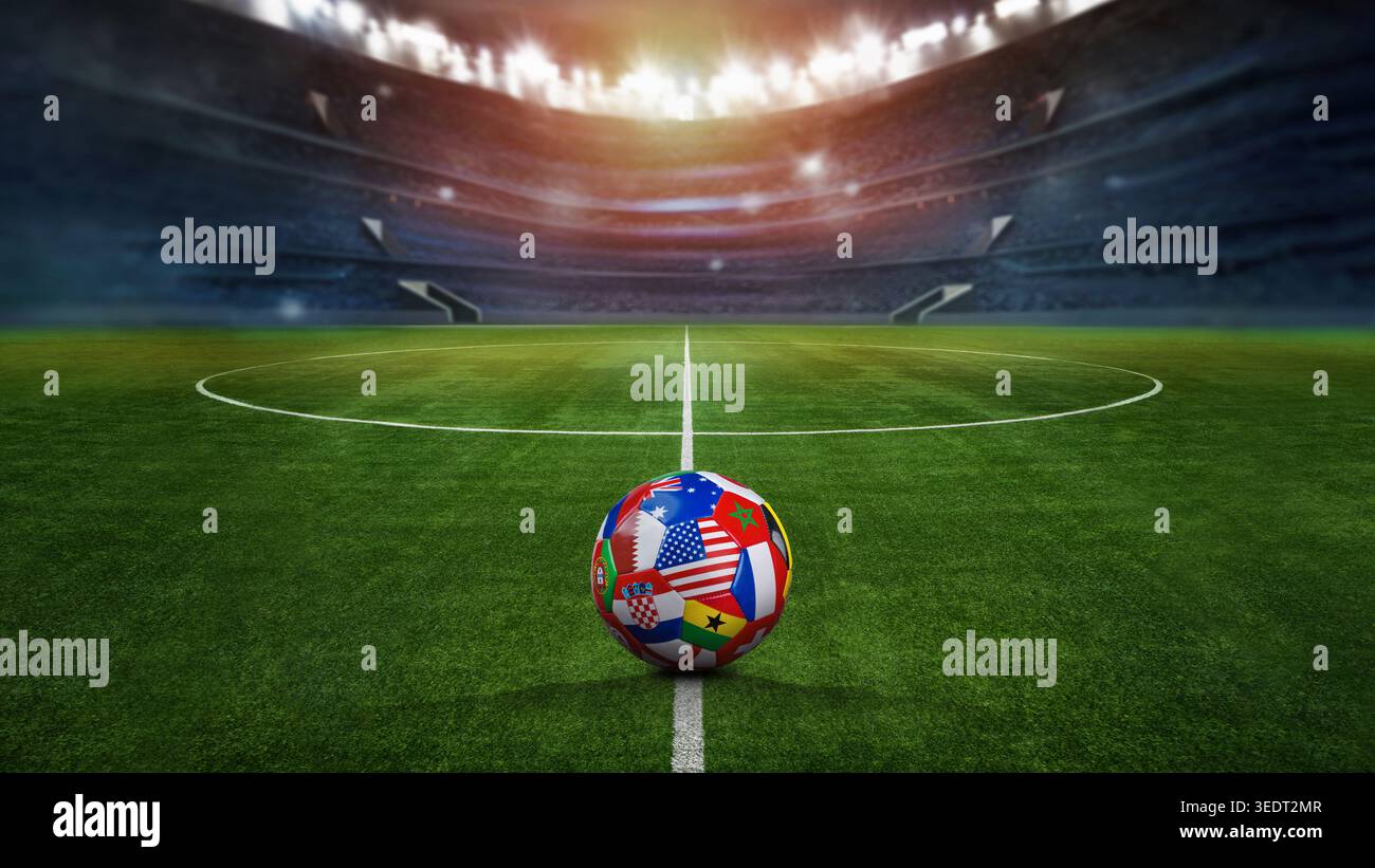 Grün strukturiertes Feld im Fußballstadion und Fußball mit mehreren Nationalflaggen, die ein internationales Fußballturnier symbolisieren. Bereit für Stockfoto
