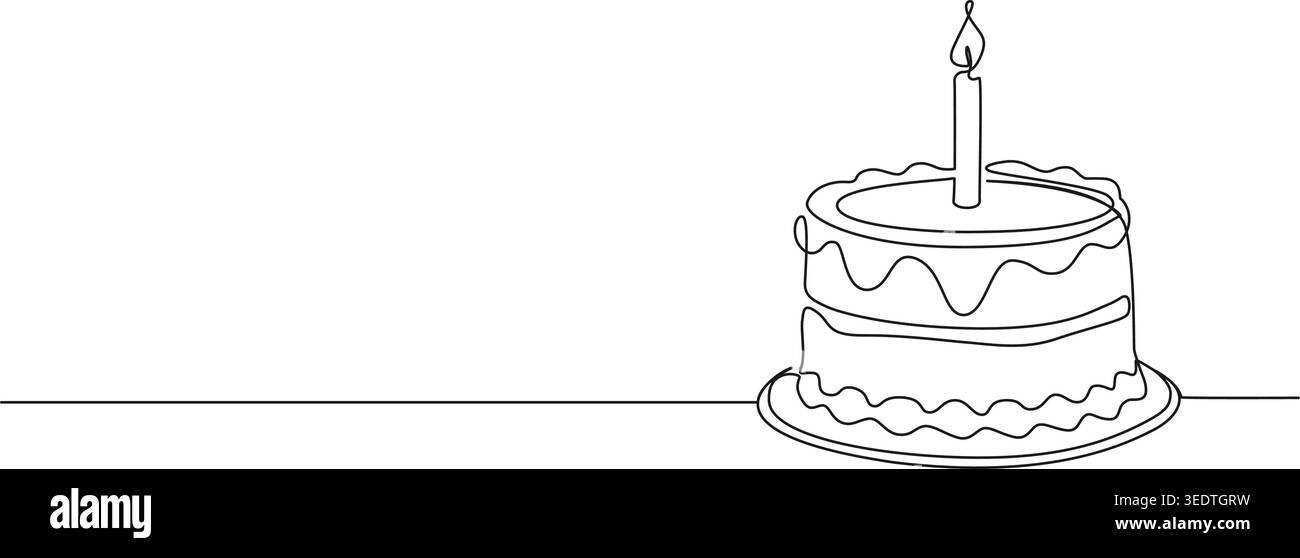Durchgehende Linienzeichnung einer Geburtstagskuche mit brennender Kerze oben, Linie Art Vektor Illustration Stock Vektor