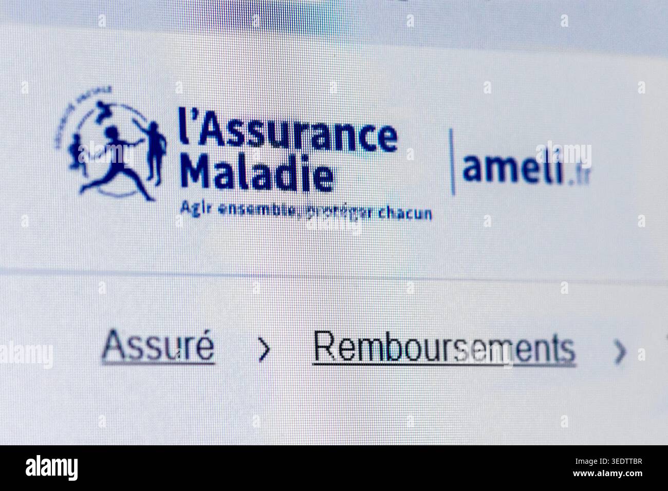 Detail der Website „ameli.fr“ der französischen Krankenversicherungsgesellschaft, die es den Nutzern ermöglicht, die meisten damit zusammenhängenden Verwaltungsverfahren durchzuführen Stockfoto