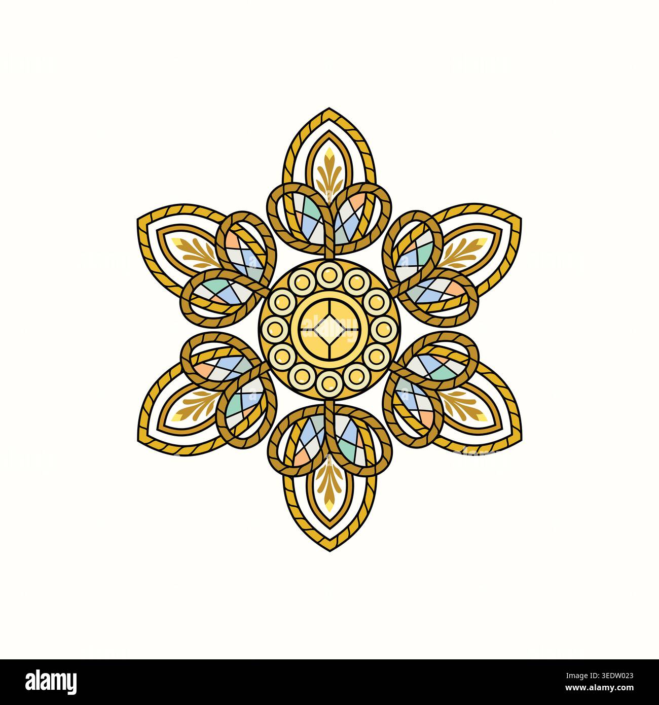 Elegantes Goldmedaillon mit floraler Symmetrie und Buntglasdetails, perfekt für luxuriöse Dekor- und Designakzente. Stock Vektor