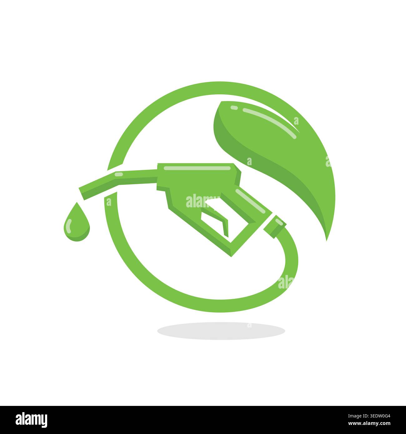 Grünes Fuel-Logo mit umweltfreundlicher Benzindüse mit Blatt und Tropfen, die ein nachhaltiges und sauberes Energiekonzept symbolisieren. Stock Vektor