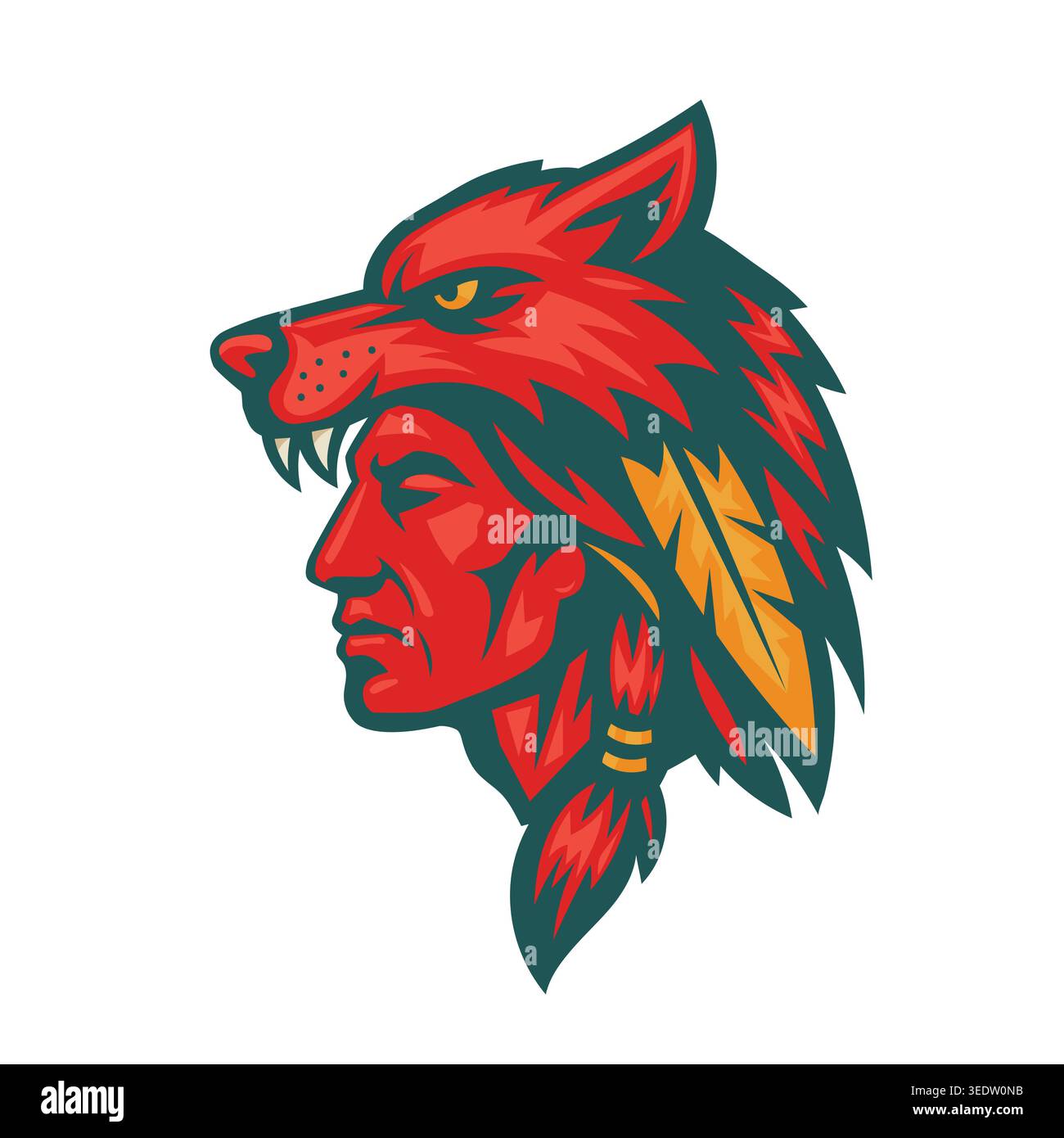 Illustration eines Indianers mit Wolfskopfschmuck, gestaltet als E Sports Maskottchen-Symbol Stock Vektor