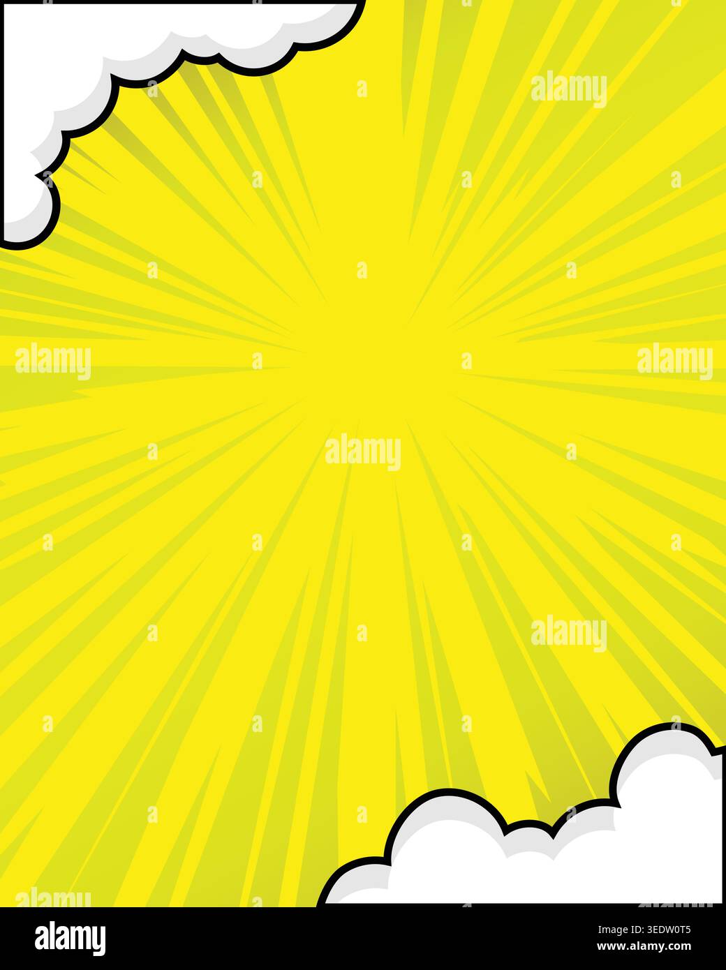Heller Explosionshintergrund im Comic-Stil mit gelben Sonnenstrahlen und Wolken, perfekt für Pop-Art, Comic-Panels, Poster und Banner. Stock Vektor