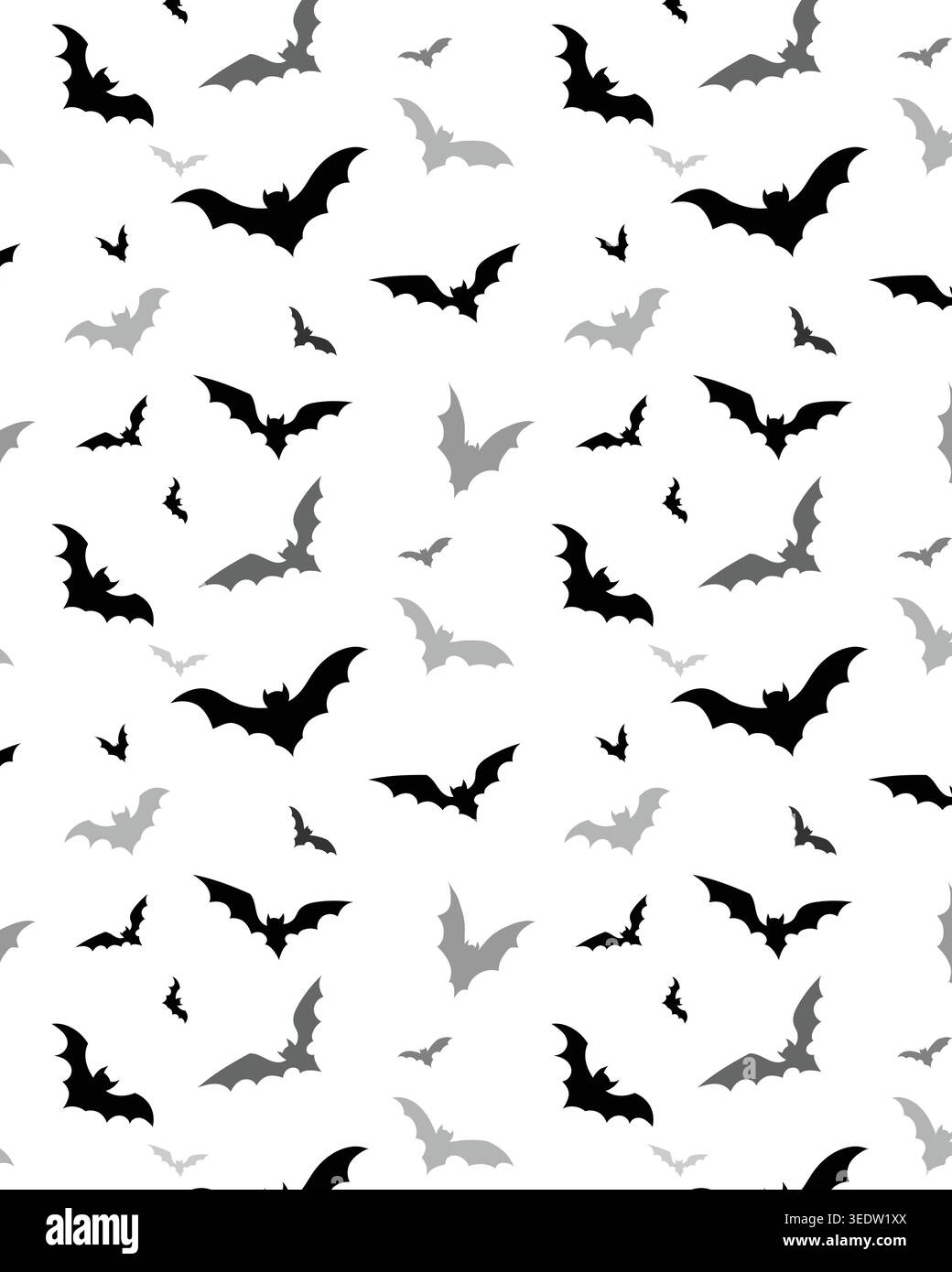 Nahtloses Muster aus schwarzen und grauen fliegenden Fledermäusen auf weißem Hintergrund, perfekt für Halloween, gruselige Drucke oder festliche Dekoration. Stock Vektor