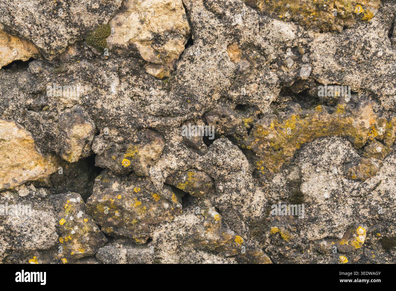Alte Steinmaueroberfläche mit rauen Felsen, Rissen und gelben Moosdetails. Stockfoto