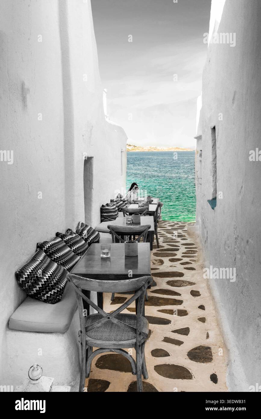 Sea Gasse Dining in Mykonos, Griechenland. Stockfoto