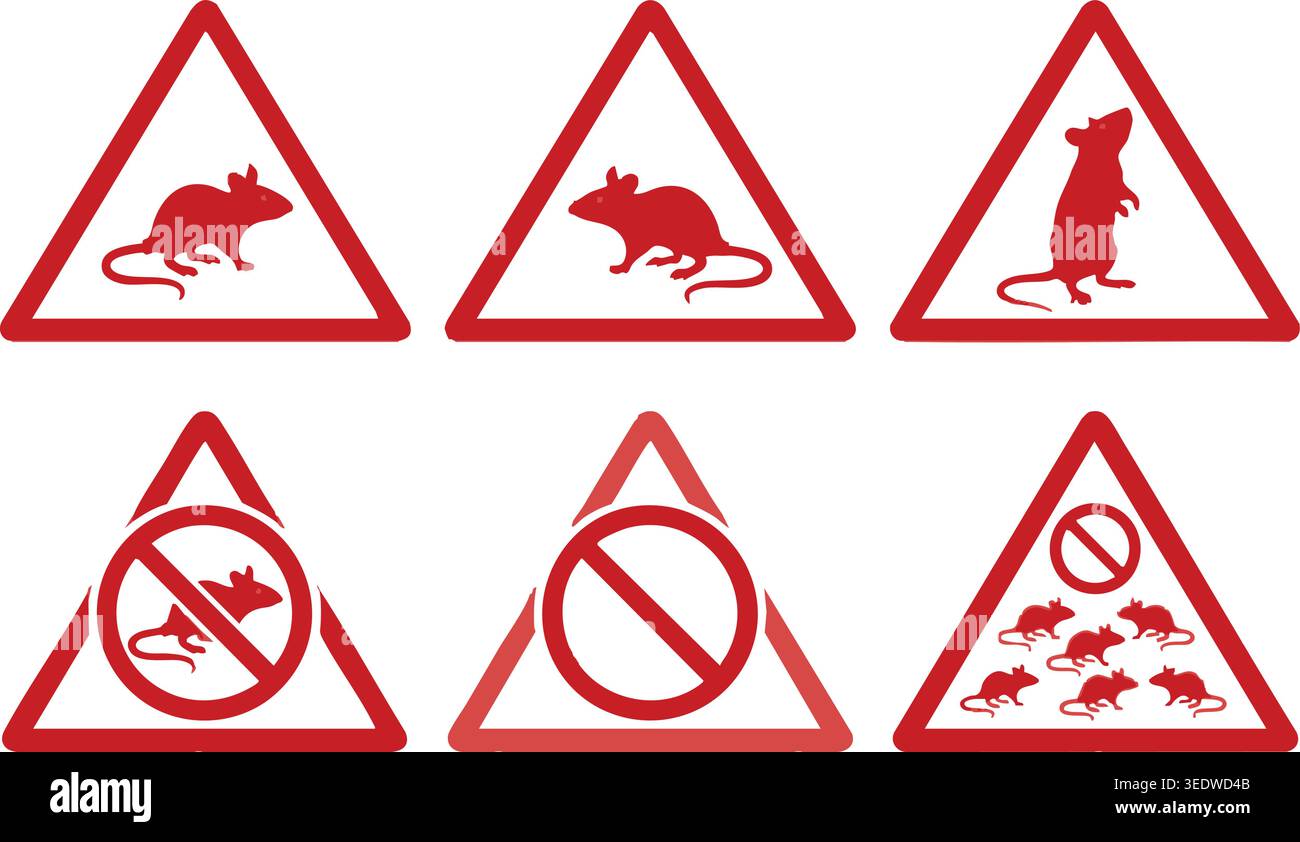 Rote Warnschilder Sammlung mit Rattenbefall- und Schädlingsbekämpfungssymbolen für das Management von Nagetieren Hygienesicherheit und Vorbeugung Hantavirus Stock Vektor