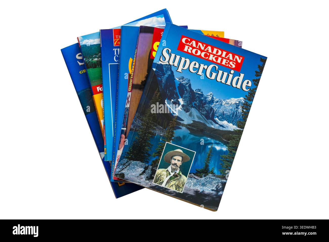 Auswahl an Reiseführer Reiseführer Reiseführer Reiseführer mit Canadian Rockies Superguide Buch von Graeme Pole oben isoliert auf weißen Reisebüchern Stockfoto